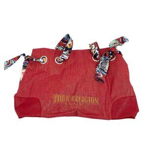 True Religion Red Metallic Tote | Classic Style with Silver Hardware